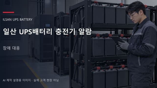 일산 UPS배터리 충전기 알람 안내 표지: 보호안경을 착용하고 배터리 랙 옆에서 점검표를 확인하는 기술자 (AI 제작 설명용 이미지)