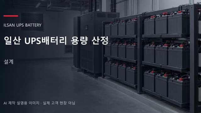 일산 UPS배터리 용량 산정 안내 표지: 밀폐형 UPS배터리 랙과 충전기, 확보된 유지관리 통로 (AI 제작 설명용 이미지)