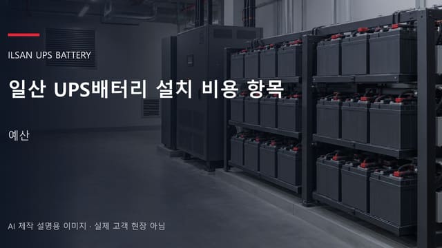 일산 UPS배터리 설치 비용 항목 안내 표지: 밀폐형 UPS배터리 랙과 충전기, 확보된 유지관리 통로 (AI 제작 설명용 이미지)