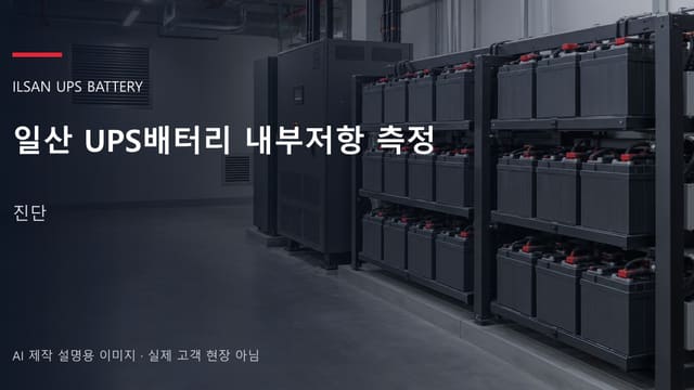 일산 UPS배터리 내부저항 측정 안내 표지: 밀폐형 UPS배터리 랙과 충전기, 확보된 유지관리 통로 (AI 제작 설명용 이미지)
