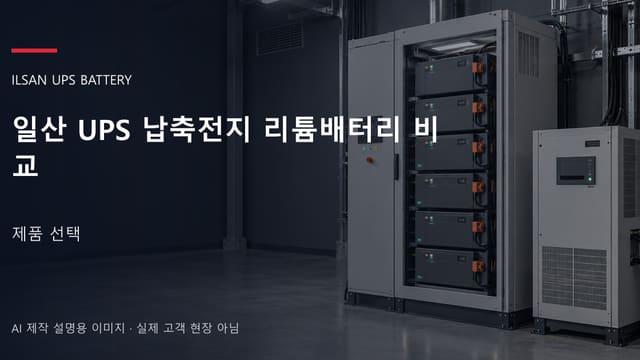 일산 UPS 납축전지 리튬배터리 비교 안내 표지: 밀폐형 UPS배터리 랙과 충전기, 확보된 유지관리 통로 (AI 제작 설명용 이미지)