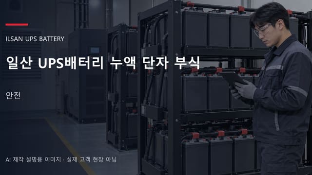 일산 UPS배터리 누액 단자 부식 안내 표지: 접근 통제선이 쳐진 배터리실 앞에서 상태를 기록하는 담당자 (AI 제작 설명용 이미지)
