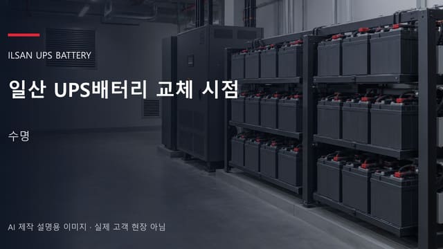 일산 UPS배터리 교체 시점 안내 표지: 밀폐형 UPS배터리 랙과 충전기, 확보된 유지관리 통로 (AI 제작 설명용 이미지)