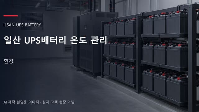 일산 UPS배터리 온도 관리 안내 표지: 밀폐형 UPS배터리 랙과 충전기, 확보된 유지관리 통로 (AI 제작 설명용 이미지)