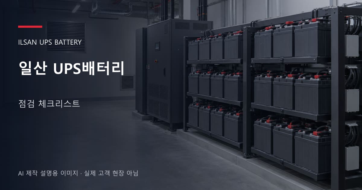 일산 UPS배터리 점검 체크리스트 안내 표지: 밀폐형 UPS배터리 랙과 충전기, 확보된 유지관리 통로 (AI 제작 설명용 이미지)