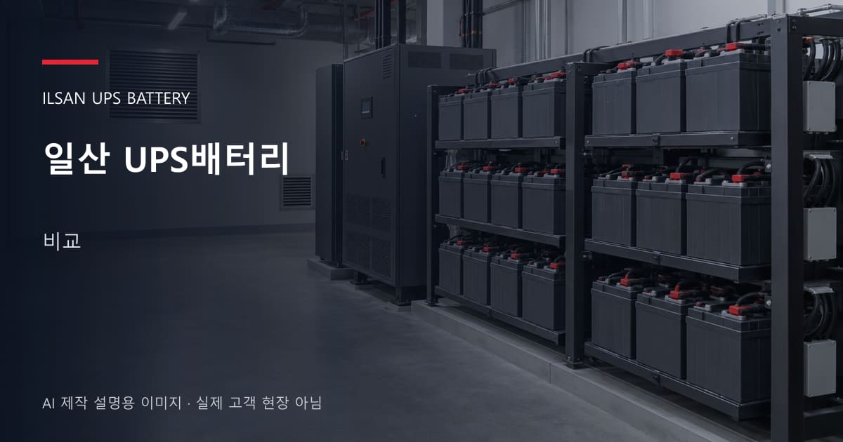 일산 UPS배터리 비교 안내 표지: 밀폐형 UPS배터리 랙과 충전기, 확보된 유지관리 통로 (AI 제작 설명용 이미지)
