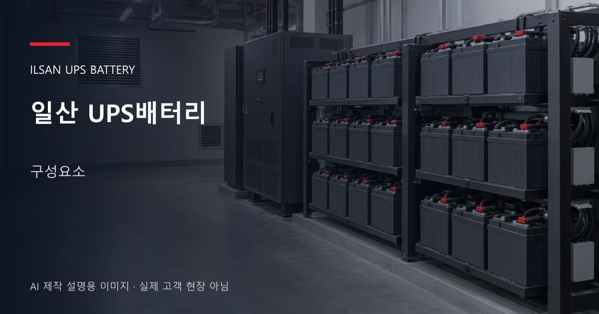 일산 UPS배터리 구성요소 안내 표지: 밀폐형 UPS배터리 랙과 충전기, 확보된 유지관리 통로 (AI 제작 설명용 이미지)