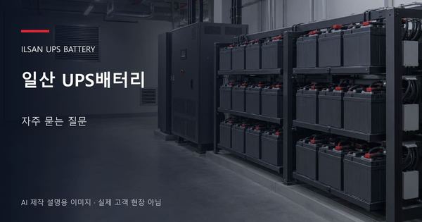 일산 UPS배터리 자주 묻는 질문 안내 표지: 밀폐형 UPS배터리 랙과 충전기, 확보된 유지관리 통로 (AI 제작 설명용 이미지)