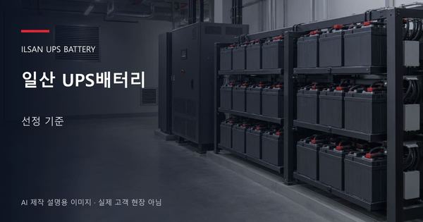 일산 UPS배터리 선정 기준 안내 표지: 밀폐형 UPS배터리 랙과 충전기, 확보된 유지관리 통로 (AI 제작 설명용 이미지)