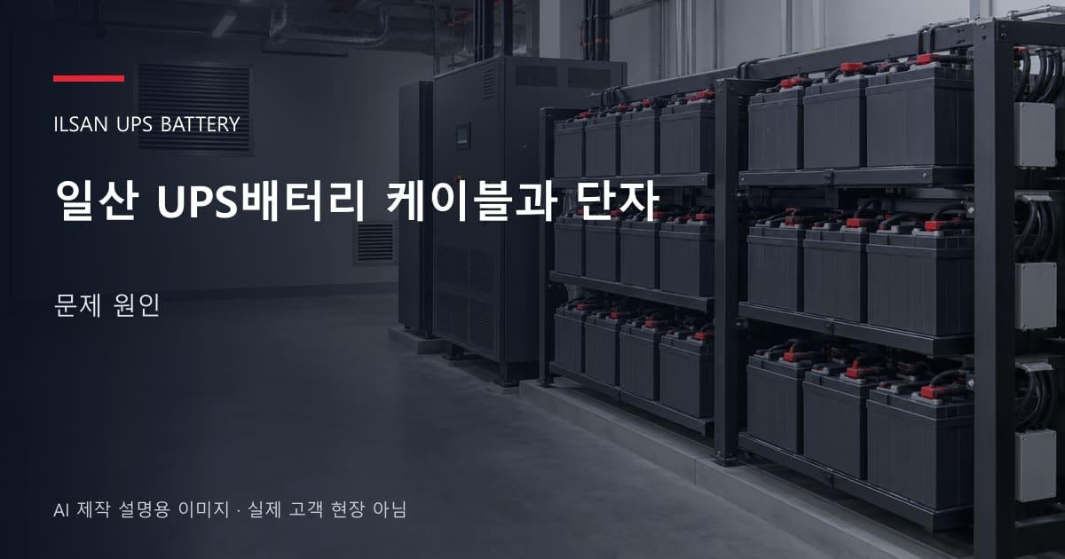 일산 UPS배터리 케이블과 단자 문제 원인 안내 표지: 밀폐형 UPS배터리 랙과 충전기, 확보된 유지관리 통로 (AI 제작 설명용 이미지)