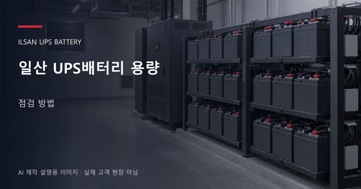 일산 UPS배터리 용량 점검 방법 안내 표지: 밀폐형 UPS배터리 랙과 충전기, 확보된 유지관리 통로 (AI 제작 설명용 이미지)