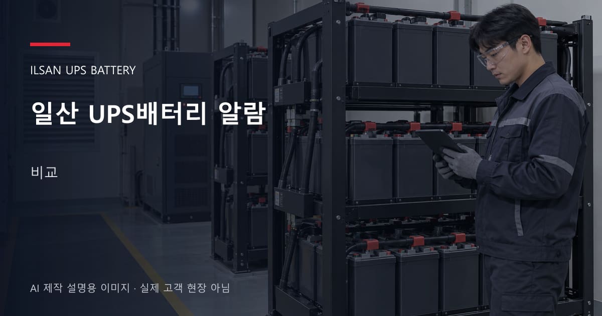 일산 UPS배터리 알람 비교 안내 표지: 보호안경을 착용하고 배터리 랙 옆에서 점검표를 확인하는 기술자 (AI 제작 설명용 이미지)