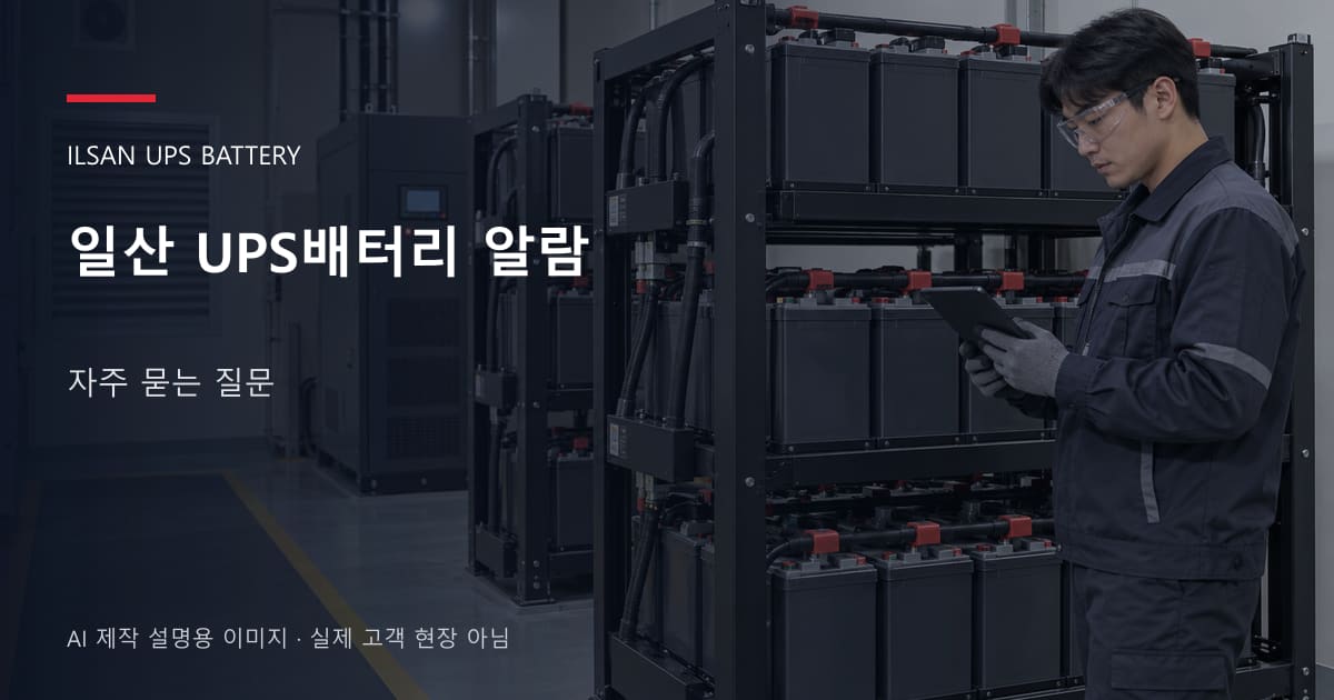 일산 UPS배터리 알람 자주 묻는 질문 안내 표지: 보호안경을 착용하고 배터리 랙 옆에서 점검표를 확인하는 기술자 (AI 제작 설명용 이미지)