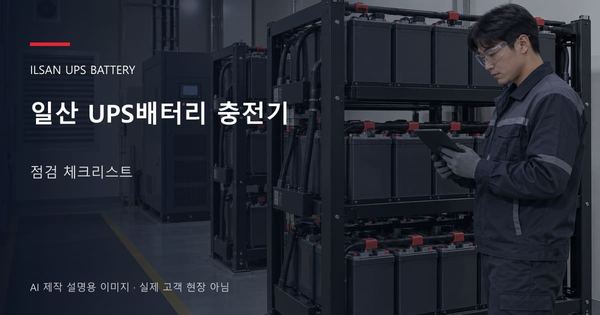 일산 UPS배터리 충전기 점검 체크리스트 안내 표지: 보호안경을 착용하고 배터리 랙 옆에서 점검표를 확인하는 기술자 (AI 제작 설명용 이미지)