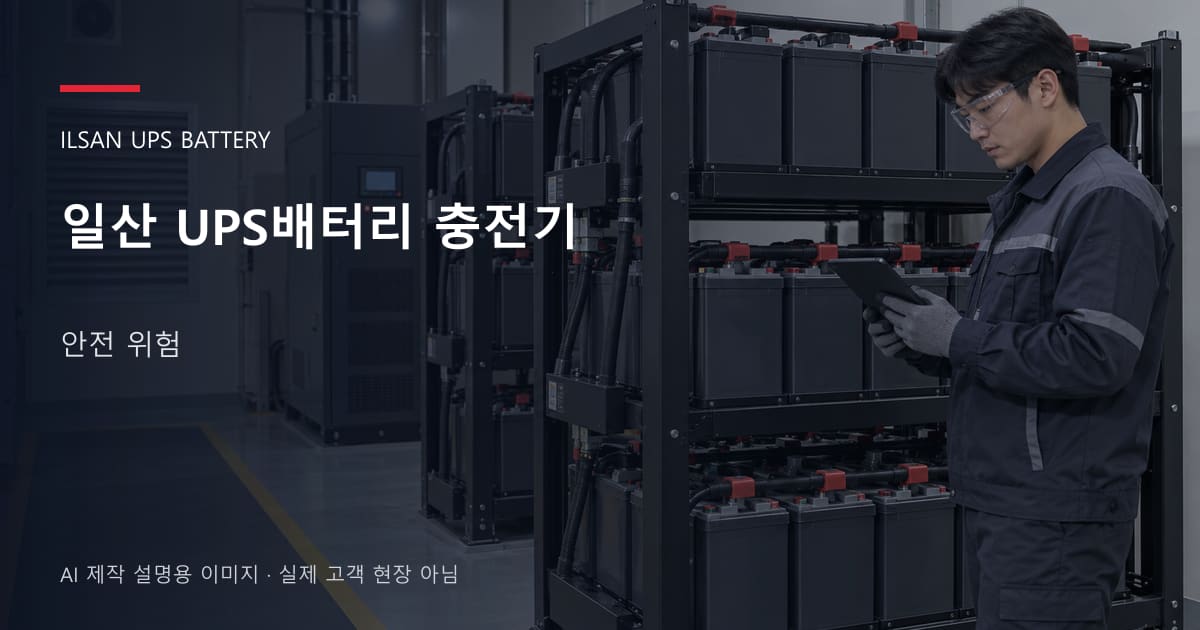 일산 UPS배터리 충전기 안전 위험 안내 표지: 보호안경을 착용하고 배터리 랙 옆에서 점검표를 확인하는 기술자 (AI 제작 설명용 이미지)