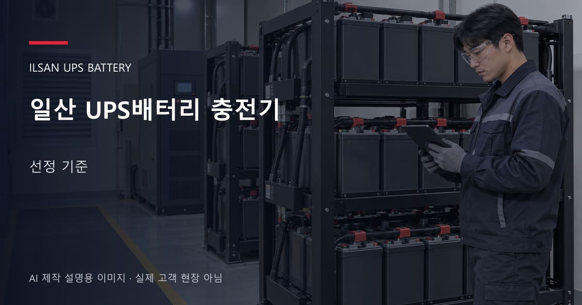 일산 UPS배터리 충전기 선정 기준 안내 표지: 보호안경을 착용하고 배터리 랙 옆에서 점검표를 확인하는 기술자 (AI 제작 설명용 이미지)
