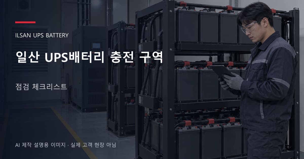 일산 UPS배터리 충전 구역 점검 체크리스트 안내 표지: 보호안경을 착용하고 배터리 랙 옆에서 점검표를 확인하는 기술자 (AI 제작 설명용 이미지)