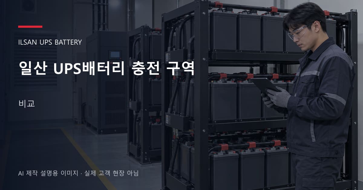 일산 UPS배터리 충전 구역 비교 안내 표지: 보호안경을 착용하고 배터리 랙 옆에서 점검표를 확인하는 기술자 (AI 제작 설명용 이미지)