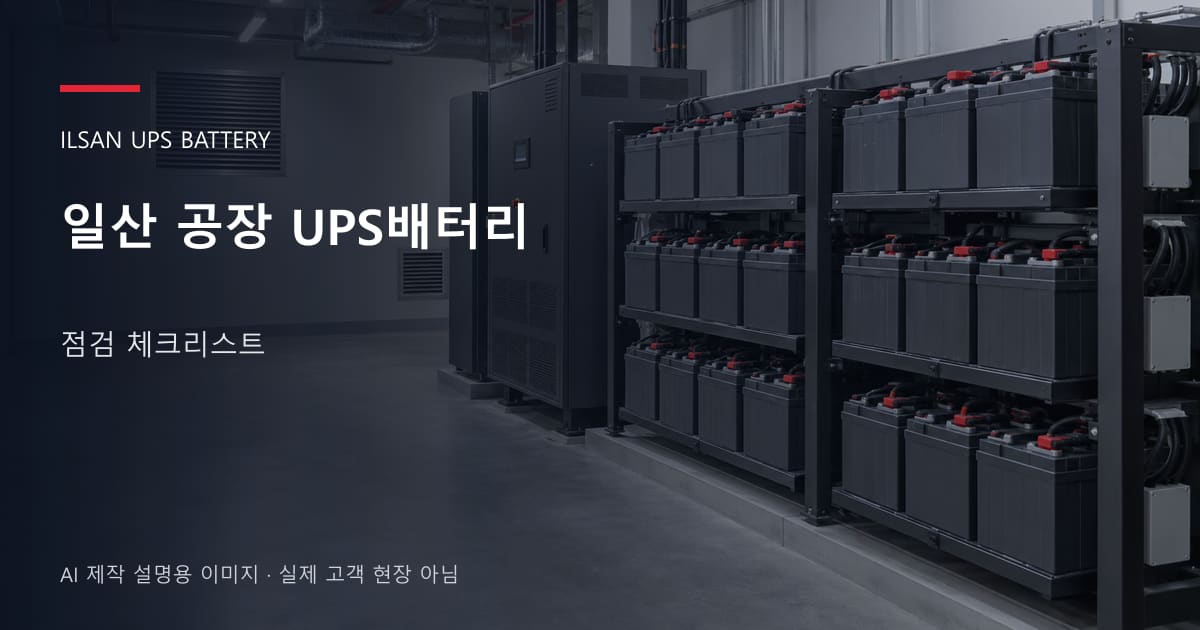 일산 공장 UPS배터리 점검 체크리스트 안내 표지: 밀폐형 UPS배터리 랙과 충전기, 확보된 유지관리 통로 (AI 제작 설명용 이미지)