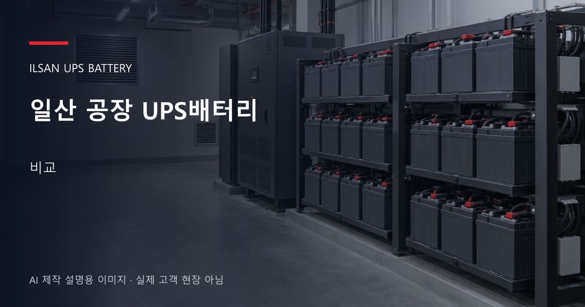 일산 공장 UPS배터리 비교 안내 표지: 밀폐형 UPS배터리 랙과 충전기, 확보된 유지관리 통로 (AI 제작 설명용 이미지)