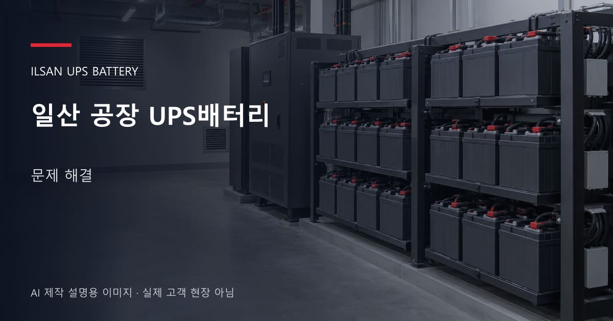 일산 공장 UPS배터리 문제 해결 안내 표지: 밀폐형 UPS배터리 랙과 충전기, 확보된 유지관리 통로 (AI 제작 설명용 이미지)