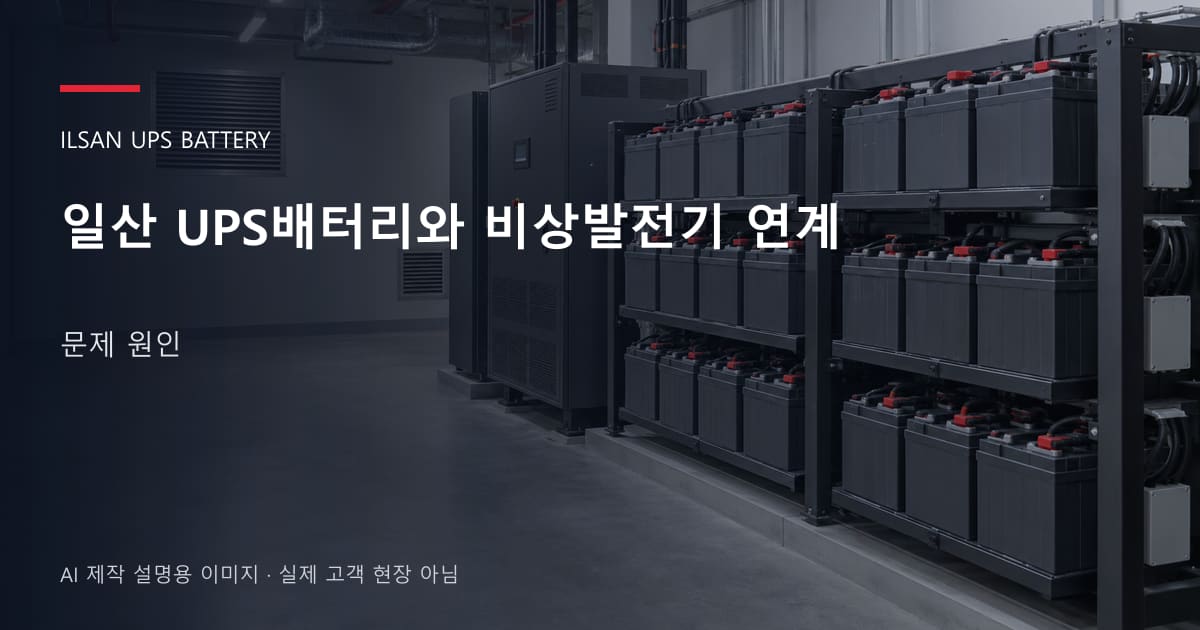 일산 UPS배터리와 비상발전기 연계 문제 원인 안내 표지: 밀폐형 UPS배터리 랙과 충전기, 확보된 유지관리 통로 (AI 제작 설명용 이미지)