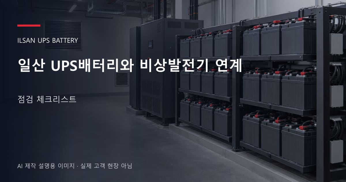 일산 UPS배터리와 비상발전기 연계 점검 체크리스트 안내 표지: 밀폐형 UPS배터리 랙과 충전기, 확보된 유지관리 통로 (AI 제작 설명용 이미지)