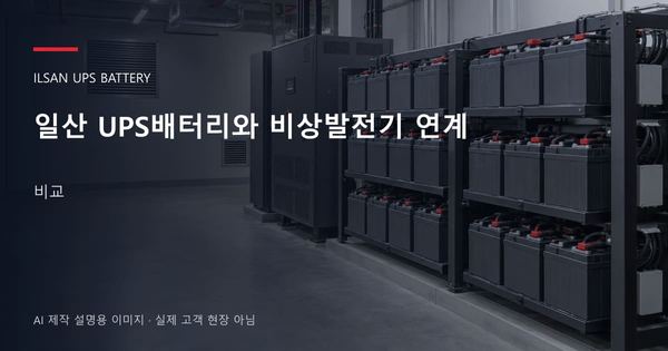 일산 UPS배터리와 비상발전기 연계 비교 안내 표지: 밀폐형 UPS배터리 랙과 충전기, 확보된 유지관리 통로 (AI 제작 설명용 이미지)