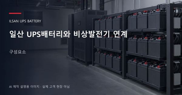일산 UPS배터리와 비상발전기 연계 구성요소 안내 표지: 밀폐형 UPS배터리 랙과 충전기, 확보된 유지관리 통로 (AI 제작 설명용 이미지)