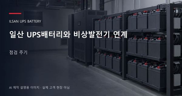 일산 UPS배터리와 비상발전기 연계 점검 주기 안내 표지: 밀폐형 UPS배터리 랙과 충전기, 확보된 유지관리 통로 (AI 제작 설명용 이미지)