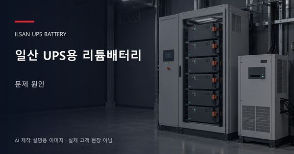 일산 UPS용 리튬배터리 문제 원인 안내 표지: UPS용 리튬 모듈 캐비닛과 보호·관리 설비 (AI 제작 설명용 이미지)