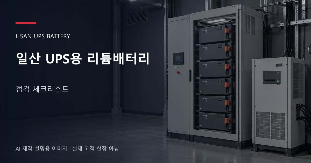 일산 UPS용 리튬배터리 점검 체크리스트 안내 표지: UPS용 리튬 모듈 캐비닛과 보호·관리 설비 (AI 제작 설명용 이미지)