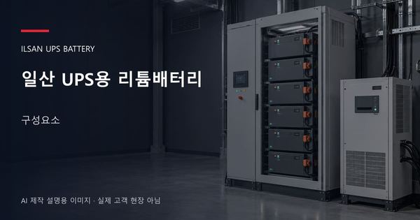 일산 UPS용 리튬배터리 구성요소 안내 표지: UPS용 리튬 모듈 캐비닛과 보호·관리 설비 (AI 제작 설명용 이미지)