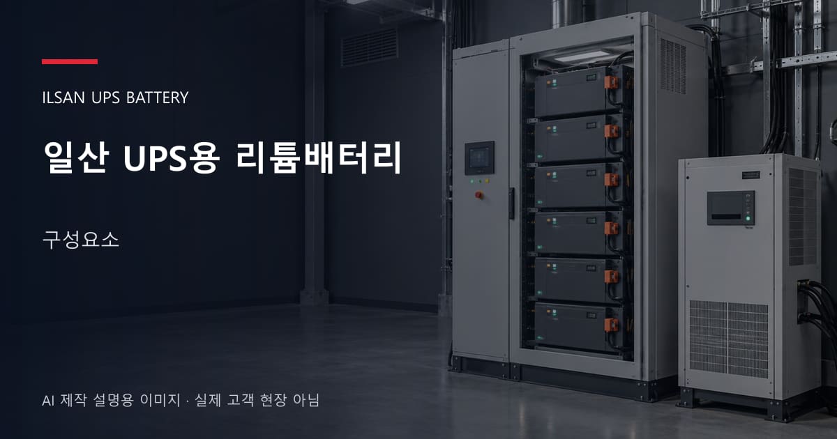 일산 UPS용 리튬배터리 구성요소 안내 표지: UPS용 리튬 모듈 캐비닛과 보호·관리 설비 (AI 제작 설명용 이미지)