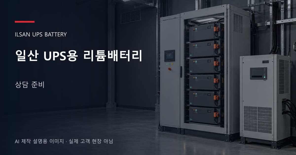 일산 UPS용 리튬배터리 상담 준비 안내 표지: UPS용 리튬 모듈 캐비닛과 보호·관리 설비 (AI 제작 설명용 이미지)