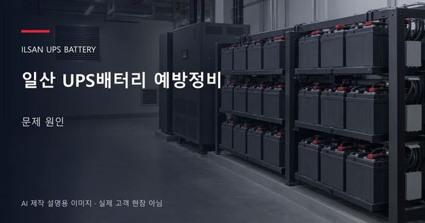 일산 UPS배터리 예방정비 문제 원인 안내 표지: 밀폐형 UPS배터리 랙과 충전기, 확보된 유지관리 통로 (AI 제작 설명용 이미지)