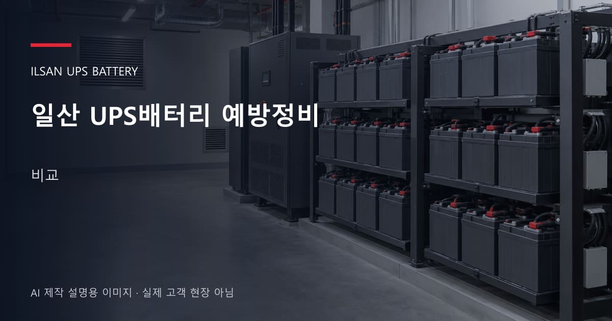 일산 UPS배터리 예방정비 비교 안내 표지: 밀폐형 UPS배터리 랙과 충전기, 확보된 유지관리 통로 (AI 제작 설명용 이미지)