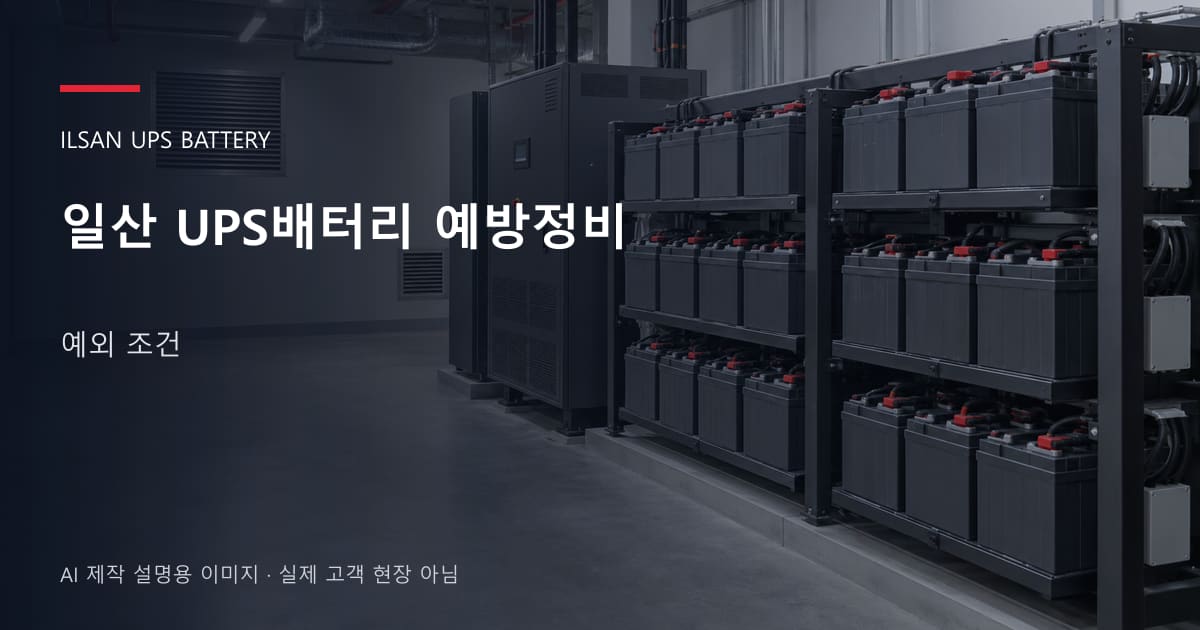 일산 UPS배터리 예방정비 예외 조건 안내 표지: 밀폐형 UPS배터리 랙과 충전기, 확보된 유지관리 통로 (AI 제작 설명용 이미지)