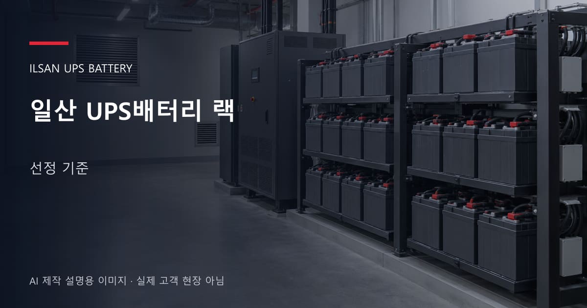 일산 UPS배터리 랙 선정 기준 안내 표지: 밀폐형 UPS배터리 랙과 충전기, 확보된 유지관리 통로 (AI 제작 설명용 이미지)