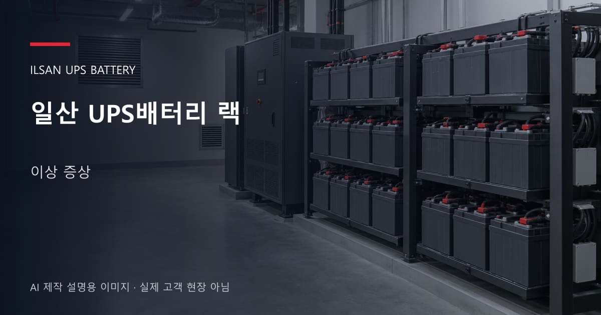 일산 UPS배터리 랙 이상 증상 안내 표지: 밀폐형 UPS배터리 랙과 충전기, 확보된 유지관리 통로 (AI 제작 설명용 이미지)
