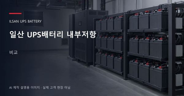 일산 UPS배터리 내부저항 비교 안내 표지: 밀폐형 UPS배터리 랙과 충전기, 확보된 유지관리 통로 (AI 제작 설명용 이미지)