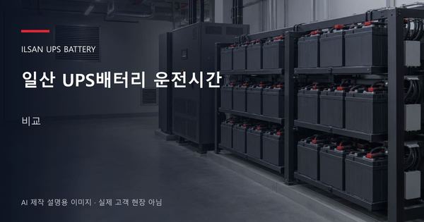 일산 UPS배터리 운전시간 비교 안내 표지: 밀폐형 UPS배터리 랙과 충전기, 확보된 유지관리 통로 (AI 제작 설명용 이미지)