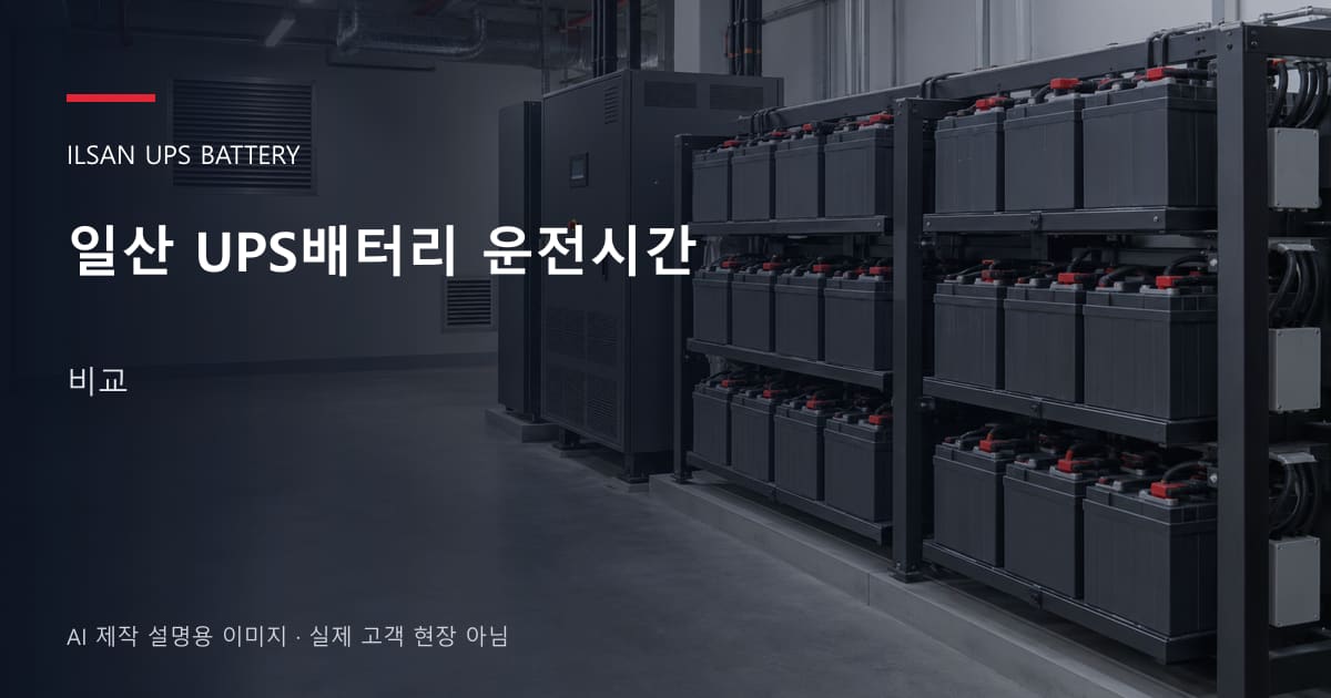 일산 UPS배터리 운전시간 비교 안내 표지: 밀폐형 UPS배터리 랙과 충전기, 확보된 유지관리 통로 (AI 제작 설명용 이미지)