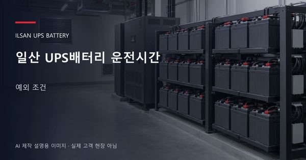 일산 UPS배터리 운전시간 예외 조건 안내 표지: 밀폐형 UPS배터리 랙과 충전기, 확보된 유지관리 통로 (AI 제작 설명용 이미지)