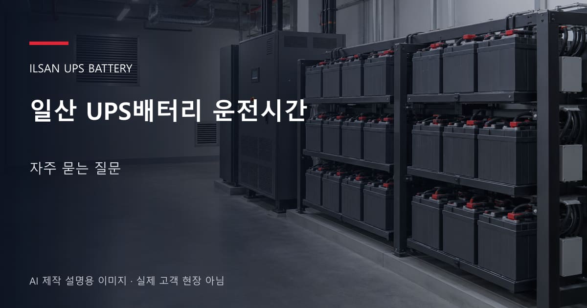 일산 UPS배터리 운전시간 자주 묻는 질문 안내 표지: 밀폐형 UPS배터리 랙과 충전기, 확보된 유지관리 통로 (AI 제작 설명용 이미지)