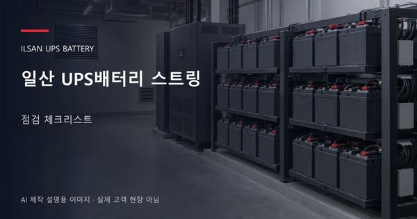 일산 UPS배터리 스트링 점검 체크리스트 안내 표지: 밀폐형 UPS배터리 랙과 충전기, 확보된 유지관리 통로 (AI 제작 설명용 이미지)