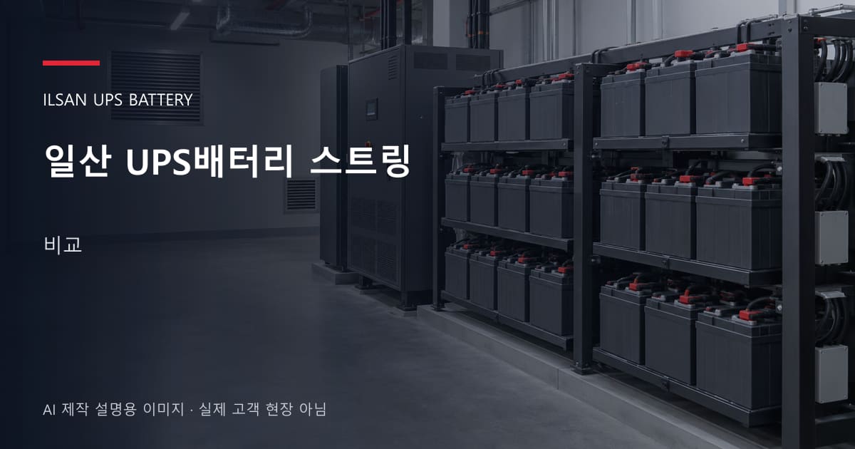일산 UPS배터리 스트링 비교 안내 표지: 밀폐형 UPS배터리 랙과 충전기, 확보된 유지관리 통로 (AI 제작 설명용 이미지)
