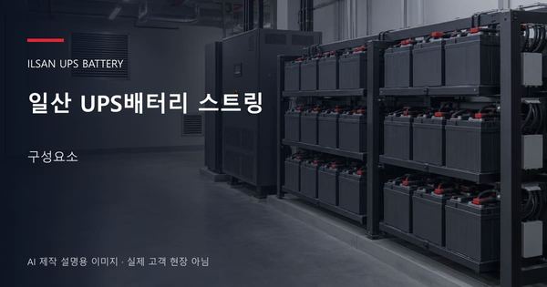일산 UPS배터리 스트링 구성요소 안내 표지: 밀폐형 UPS배터리 랙과 충전기, 확보된 유지관리 통로 (AI 제작 설명용 이미지)