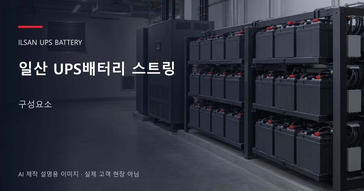 일산 UPS배터리 스트링 구성요소 안내 표지: 밀폐형 UPS배터리 랙과 충전기, 확보된 유지관리 통로 (AI 제작 설명용 이미지)