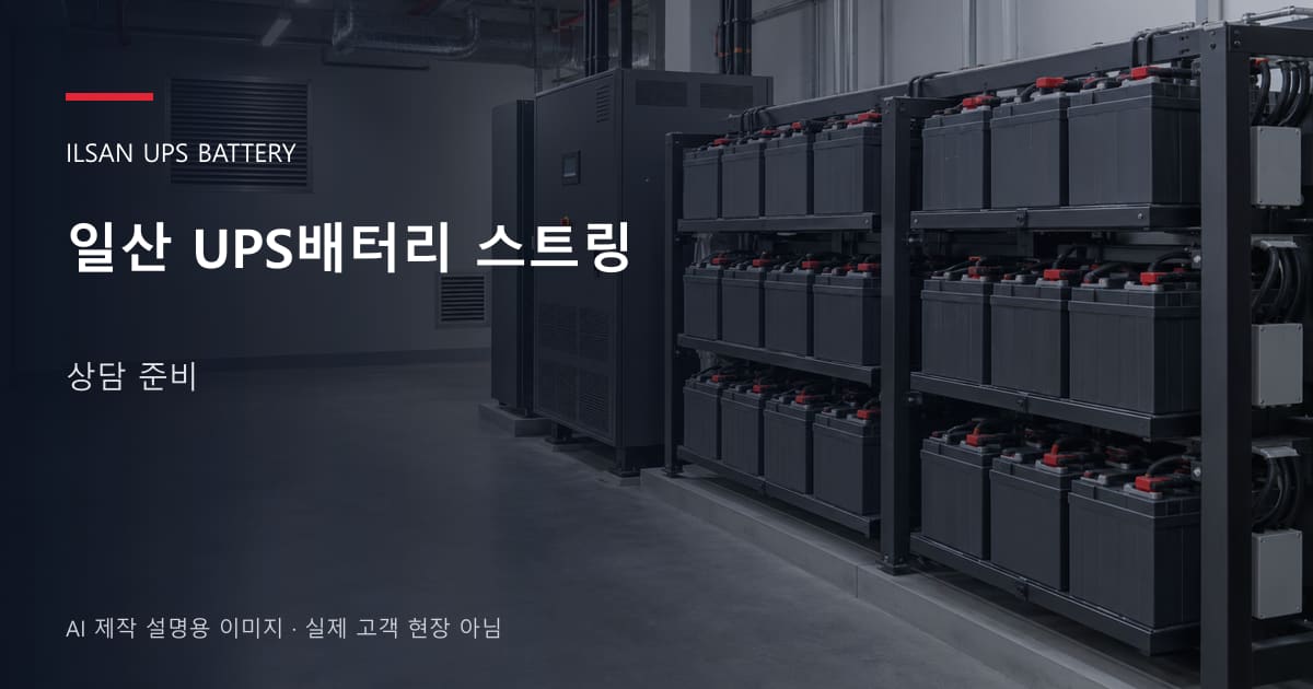 일산 UPS배터리 스트링 상담 준비 안내 표지: 밀폐형 UPS배터리 랙과 충전기, 확보된 유지관리 통로 (AI 제작 설명용 이미지)